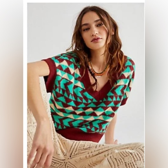 Free People Sweaters - Free People Through The Motions Vest Green & Burgundy Brown Oversized Size Small